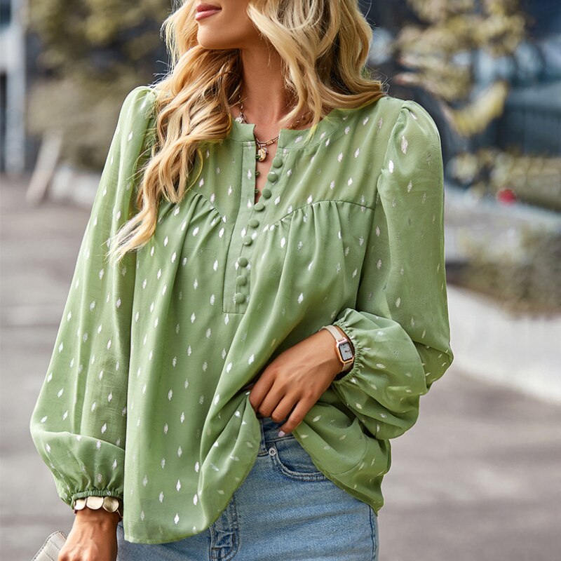 Ifomt 2023 New Spring Autumn Long Sleeve Chiffon Blouse Women Fashion Button V-neck Print Shirts Blouses Ladies Elegant Tops Fall Outfits 2023
