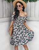 Bohemia Floral Printed Elegant Midi Dress Women Square Neck Short Sleeve Summer Casual Dress Ladies A-line Beachwear Boho Robe