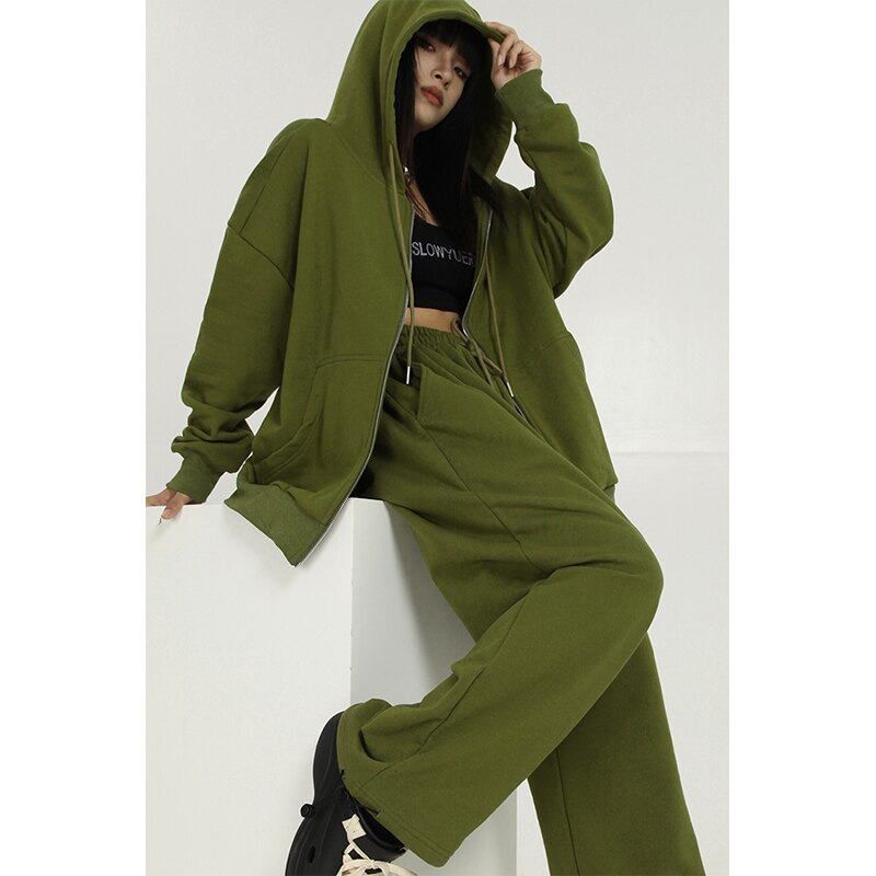 Ifomt Women's Green Zipper Hoodie Long Sleeves Casual Baggy Wide Leg Long Pants Two Piece Set Vintage Sports Style Suit Ladies