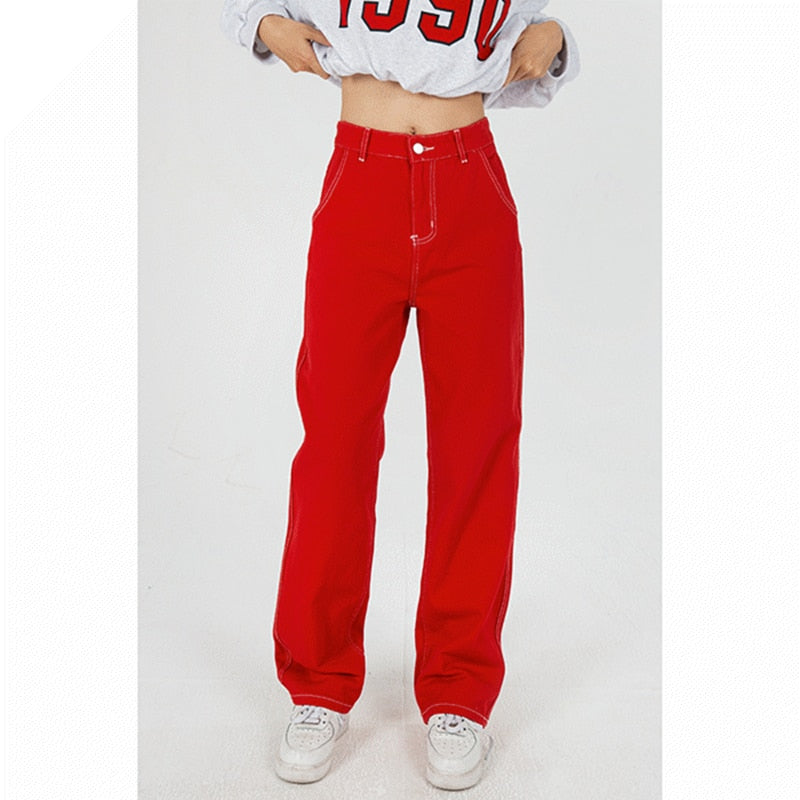 Ifomt Plus Size Red High Waist Women's Jeans Wide Leg Baggy Chic Design Denim Pants Streetwear Vintage Summer Straight Jean Trouser