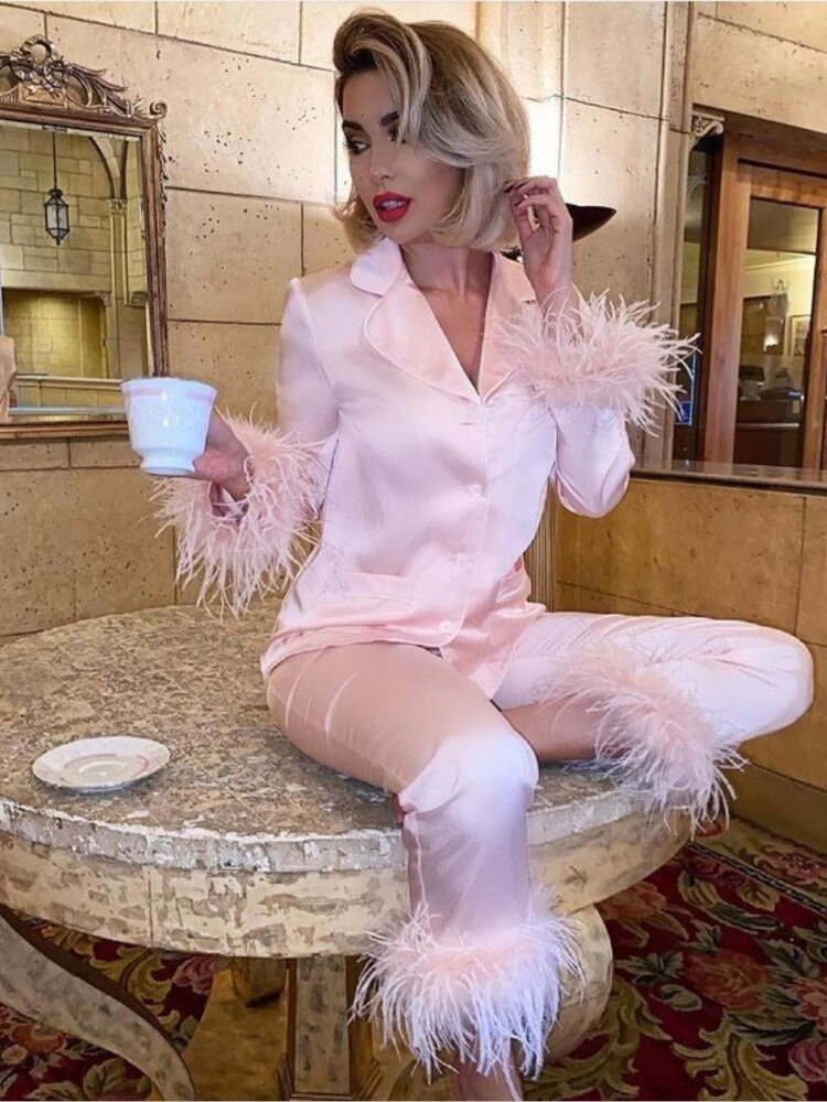 Ifomt Feather Fur V Neck Single Breasted Full Sleeve Blouse Tops and Pants Lounge Suit Women Solid Casual Pajamas Matching SetS