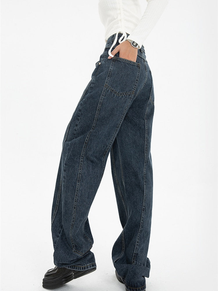 Ifomt Dark Blue Womens Jeans High Waist Vintage Straight Baggy Denim Pants Streetwear American Style Fashion Wide Leg Denim Trouser