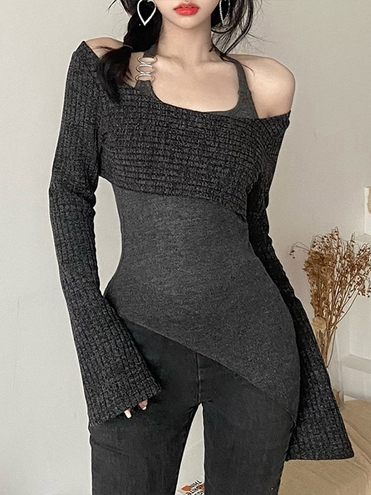 Ifomt Y2k Sexy Off-Shoulder Tops Women Spring Autumn Two Pieces Top Intellectual Casual Comfortable Elastic Breathable Knitted T Shirt