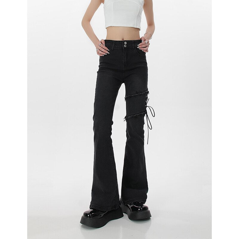 Back to school Women's Dark Grey Vintage Flare Jeans High Waist Stretchy Self Cultivation Pants Fashion Straight Denim Trouser Ladies Summer