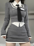 Ifomt Gray Preppy Style 3 Piece Set Women Korean Fashion Knitted Mini Skirt Suit Female Casual Blouse＋Warm Sweaters＋Elegant Skirt