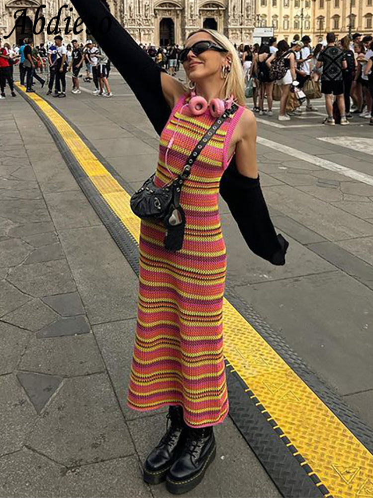 Back to college Y2k Striped Patchwork Knitted Summer Dress Women 2022 Sleeveless Midi Beach Party Bodycon Dress Robes Vintage Fashion