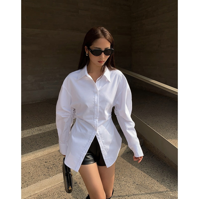 Graduation Gift White Shirt Women's Blouse Chic Split Design Long Sleeves Casual Tops 2023 Fashion Vintage Single Breasted Summer Femmes Shirts