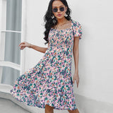 Bohemia Floral Printed Elegant Midi Dress Women Square Neck Short Sleeve Summer Casual Dress Ladies A-line Beachwear Boho Robe