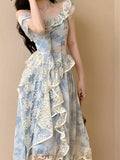 Sweet Elegant Princess Dress Women Summer Vintage Floral Print Long Dress Irregular Off Shoulder Lace Splice Ruffles Party Dress