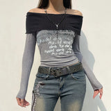IFOMT 2024 Fashion Woman tops y2k style Goth Letter Print Patched Off Shoulder Pullovers Top
