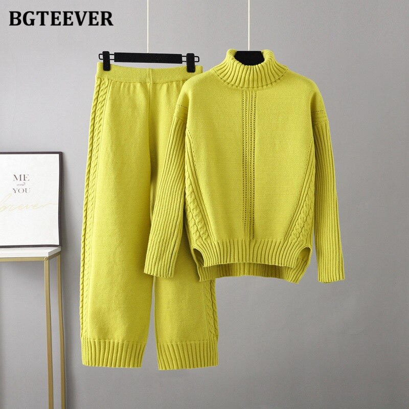 Ifomt  Casual Thicken Warm Knitted Trousers Set Women Turtleneck Pullovers & Wide Leg Pants Autumn Winter Sweater Set Female