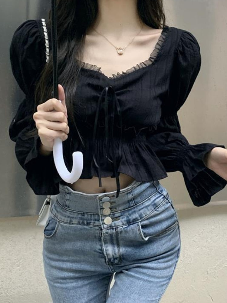 Ifomt French Style Chiffon Blouse Women Spring Summer Puff Sleeve Lace Up Ruffles Shirts Elegant Korean Fashion Preppy Style Sweet Top