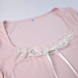 IFOMT 2024 Fashion Woman tops y2k style Pink Knit Lace Trim Front Tie-Up Top