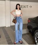 Ifomt Lace Hollow Out Waist Jeans Women Metal Chain High Waist Denim Pants Female High Street Straight Trousers Fashion Harajuku