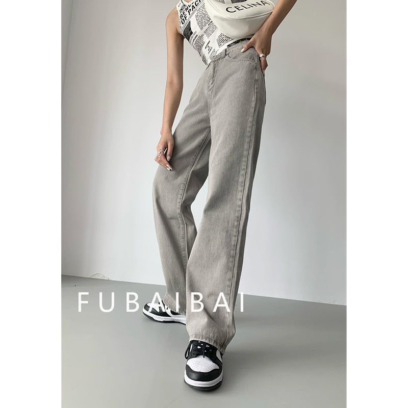 Ifomt Grey Womens Jeans High Waist Vintage Straight Baggy Denim Pants Streetwear American Style Fashion Casual Wide Leg Denim Trouser