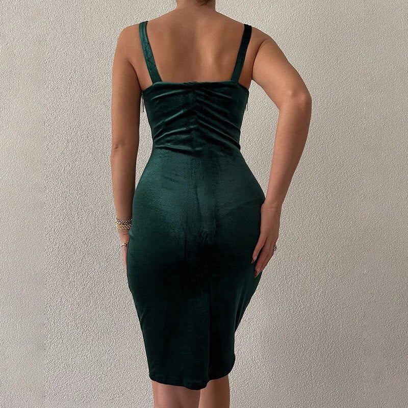 2023 spring and summer new sling Rhinestone tassel slim dress low cut   middle skirt woman