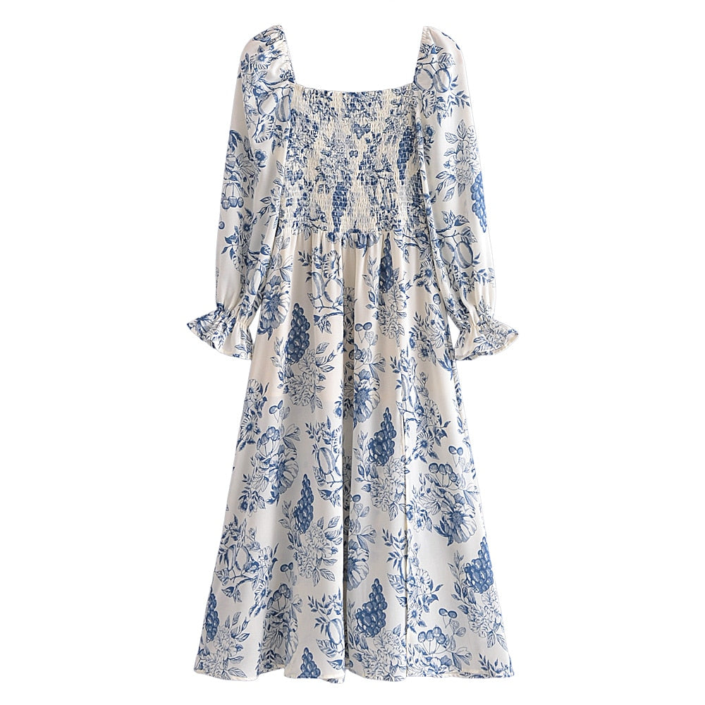 Ifomt Square Neck Long Sleeve Floral Dress Women Vintage Style Blue White Fruit Print Smocked Midi Dress With High Slit Dresses