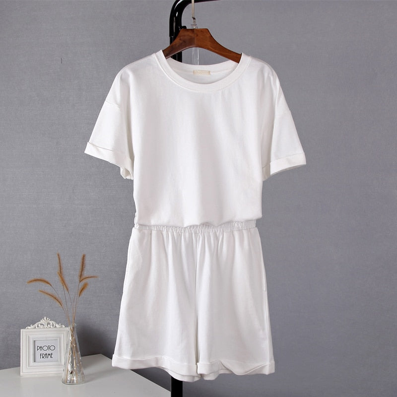 Back to college  Cotton Sets Women Summer New Casual Two Pieces Short Sleeve Tops And Short Pants Casual Solid Outfits Tracksuit