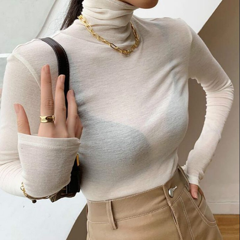 Ifomt New Basic Turtleneck Long Sleeve Women T-shirt Autumn Winter Long Sleeve Slim Stretch Tops Ladies Tees Fall Outfits 2023