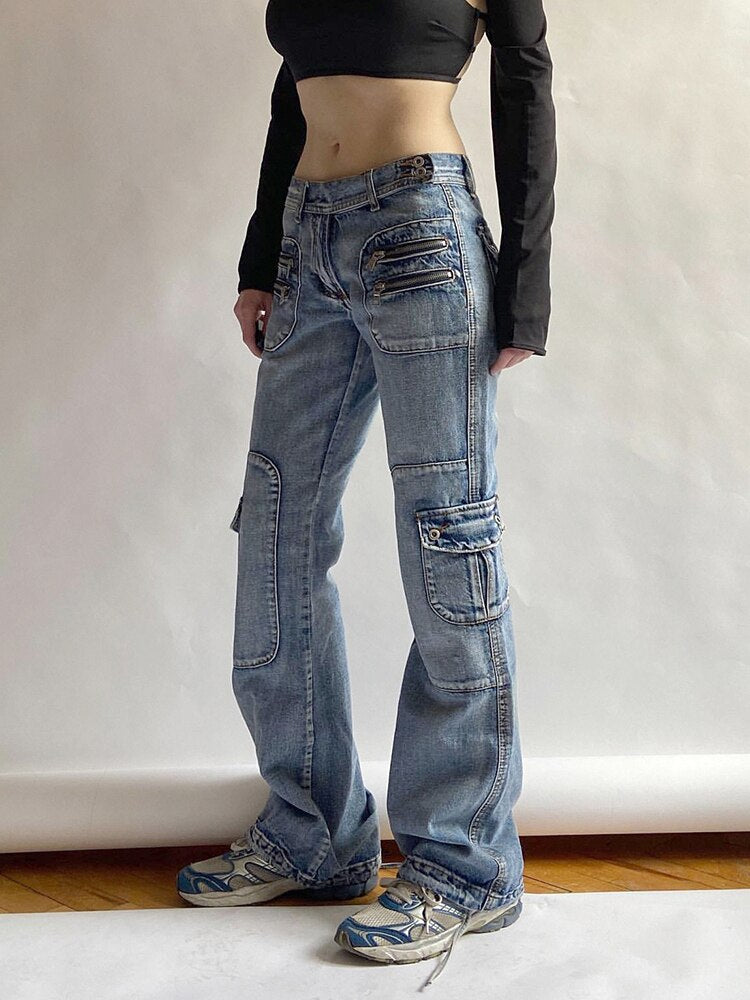 Ifomt Zipper Distressed Flare Jeans Y2k Retro Low Waisted Streetwear Strecthy Fashion Trousers Mom Jeans Korean Pants Casual