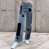 Ifomt Contrast Patches Grunge Baggy Jeans Woman Mid Waist Wide Leg Denim Trousers Vintage Aesthetic Casual Streetwear Pants