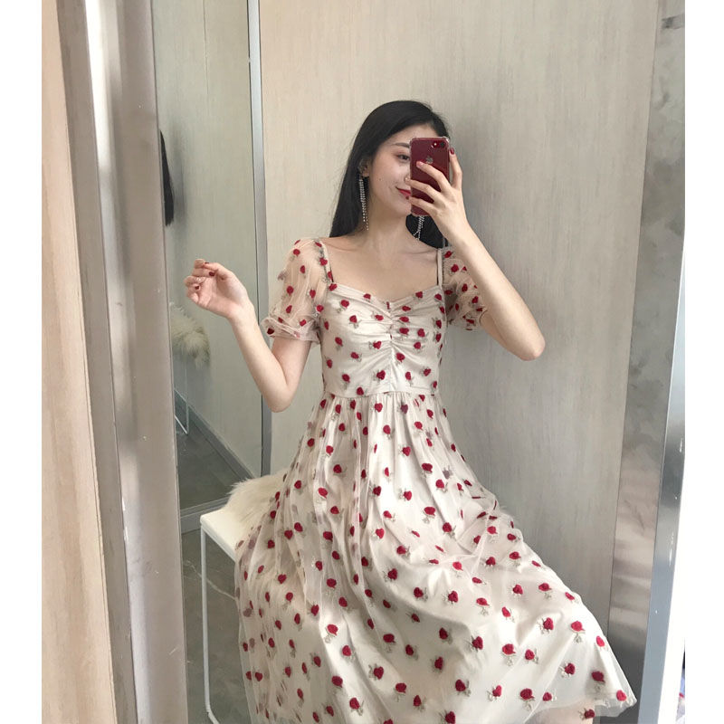 Ifomt Mesh Vintage Woman Summer Strawberry Dress Casual Clothes Robe Clothing Sexy Fashion Korean For Women Loose Long Red Sundress