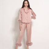 2023 Summer Feather Fashion Ladies Pajamas Nine Points Sleeve Pants Two Piece Silk Homewear Women