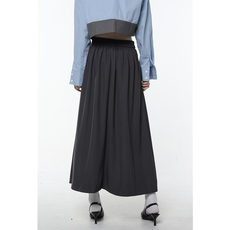 Ifomt Spring Vintage Grey Women Skirt High Waist American Style College Style Pleated Suit Skirt Ladies Medium and Long A-line Skirt