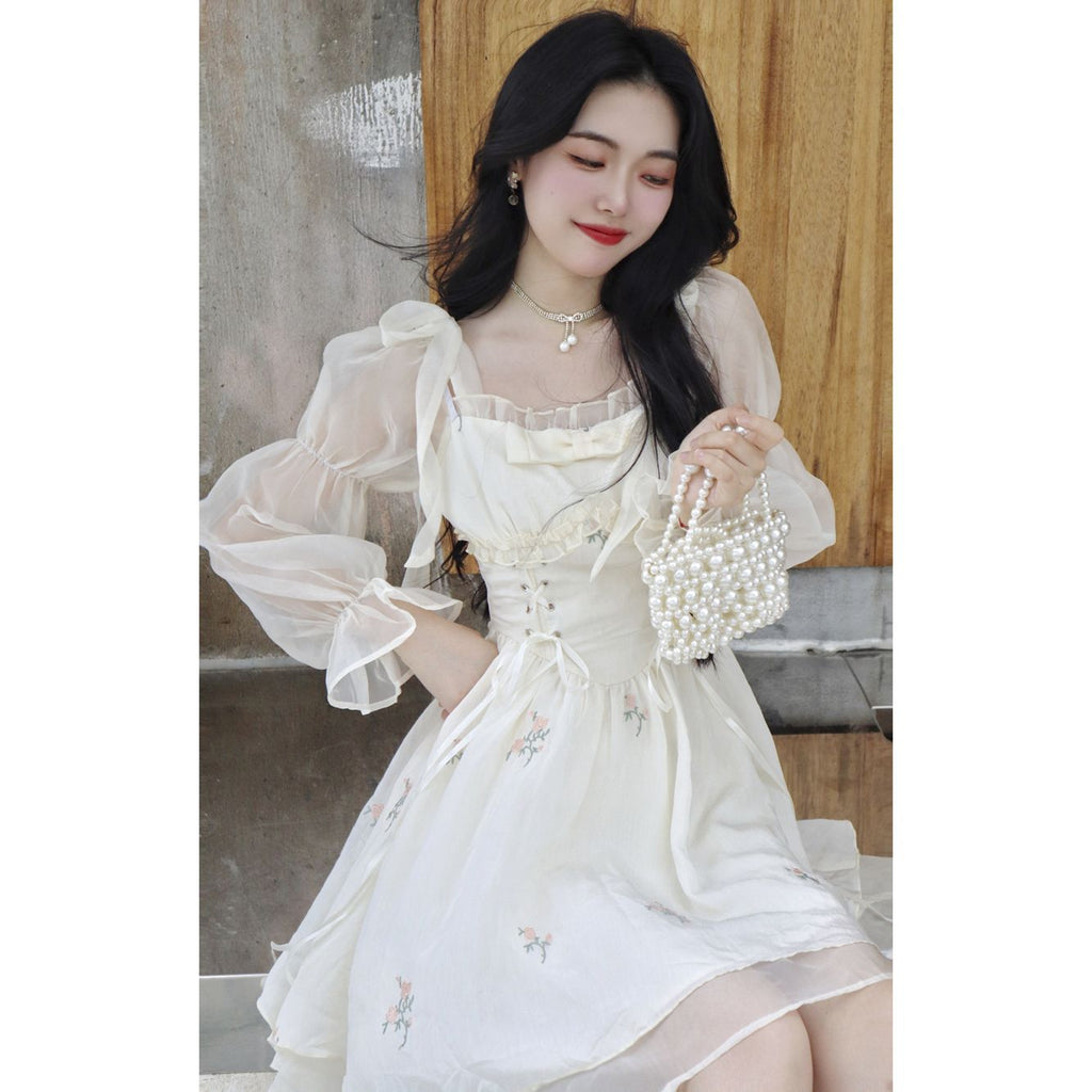Ifomt Korea Fashion Sweet Fairy Women Dress Summer 2023 Flower Elegant Office Lady Dress Square Collar Wood Ear One Piece Mini Dress
