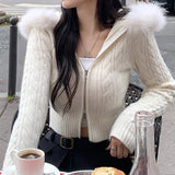 IFOMT 2024 Fashion Woman tops y2k style White Twisted Fluffy Zip Up Knitted Sweater