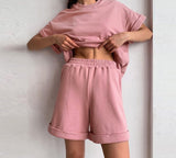 Back to college  Cotton Sets Women Summer New Casual Two Pieces Short Sleeve Tops And Short Pants Casual Solid Outfits Tracksuit