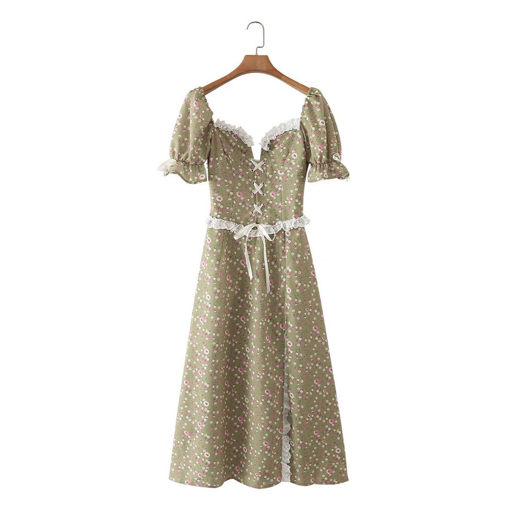 Ifomt 2023 V-Neck Short Sleeve Palace Style Patchwork Print Holiday Dress Women Split Dress