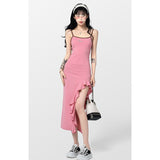 Ifomt Summer Pink Dress Womens Straps Dress Sleeveless Sexy Korean Fashion Suspender Simple Longuette Temperament Slit Skirt Dress