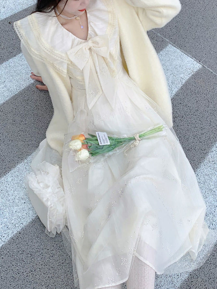 Ifomt Lace Mesh Fairy Vintage Dress Women Princess High Waist Bow Sequins Elegant Dress Female Sweet Casual Korean Dresses 2022