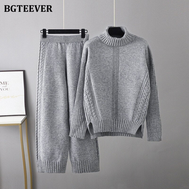 Ifomt  Casual Thicken Warm Knitted Trousers Set Women Turtleneck Pullovers & Wide Leg Pants Autumn Winter Sweater Set Female