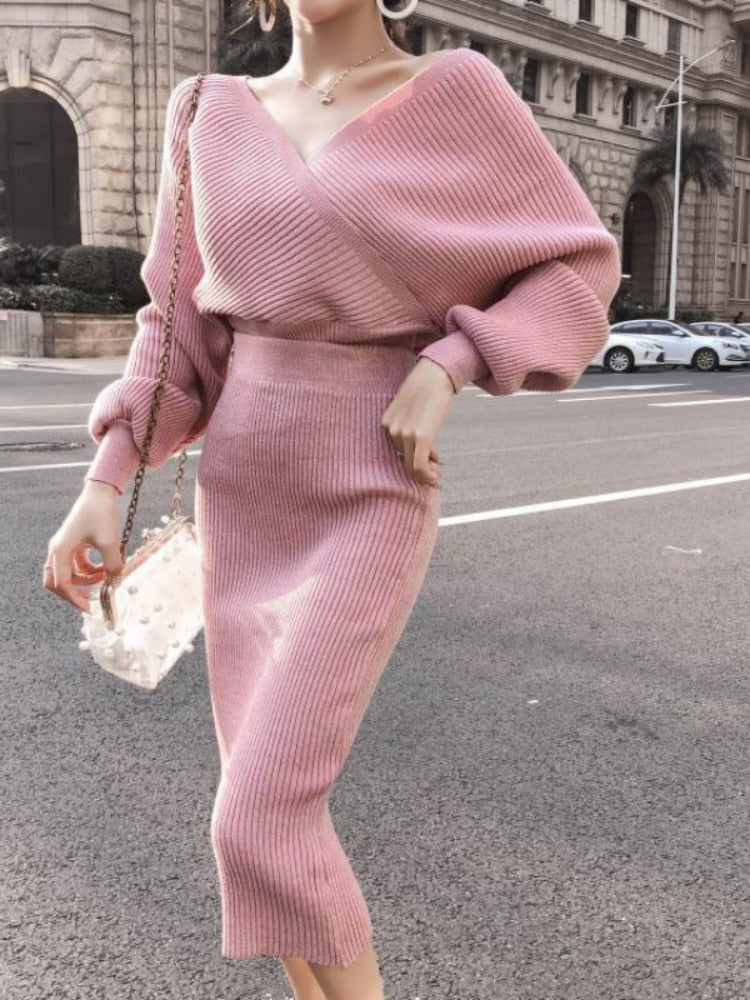 Ifomt Women 2 Piece Sets Outfit Autumn Winter Fashion Long Sleeve Sweater Long Hip Skirt Temperament Knitted Dress Sets Fall Outfits 2023