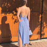 Back to college Summer Floral Print Backless Dress Women Spaghetti Straps 2022 Blue Boho Bandage Midi Beach Party Dresses Elegant
