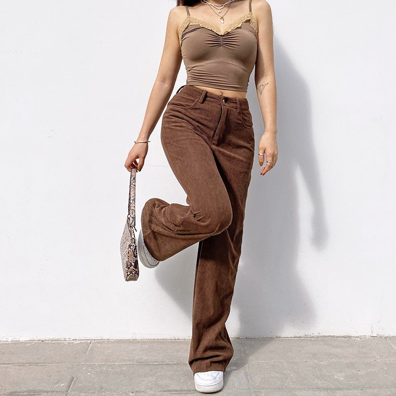 Ifomt Rapcopter Brown Corduroy Pants Women Harajuku Cargo Pants Retro Trousers Autumn Winter Low Waisted Pant 90S Grunge Fairycore New
