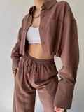 Ifomt New 2piece Set Women Outfit 2023 Autumn Solid Long Sleeved Short Casual Shirt Drawstring Pants Jacket Sets Fall Outfits 2023