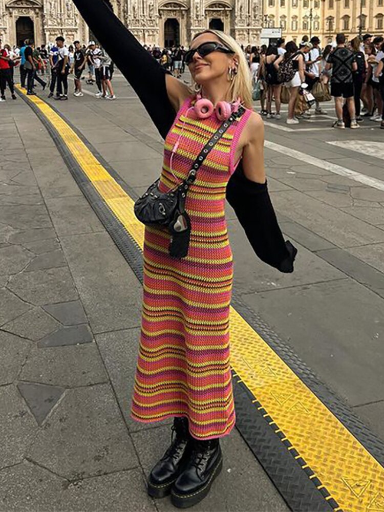 Back to college Y2k Striped Patchwork Knitted Summer Dress Women 2022 Sleeveless Midi Beach Party Bodycon Dress Robes Vintage Fashion