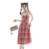 Back to school Women's Wear Strap Dress Lace Plaid Chic Slim Skirt Backless Summer French Vintage Sleeveless Suspender Mid-length Skirt