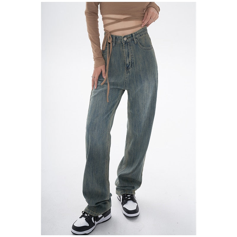 Ifomt Womens Jeans High Waist Blue Fashion Streetwear Straight Pants Baggy Basic Vintage Summer Female Mom Wide Leg Denim Trouser