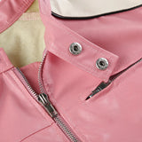 IFOMT 2024 Fashion Woman tops y2k style Pink Stripe Spliced Zip-Up PU Leather Jacket