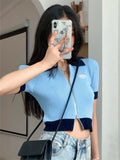 Ifomt T-Shirts Women Summer Knitting Cropped Tops Slim Fit Patchwork Zipper Classic All-match Short Sleeve Fall Outfits 2023