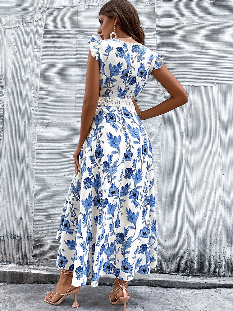 IFOMT Elegant Lace Stitching Summer Floral Print Long Dress