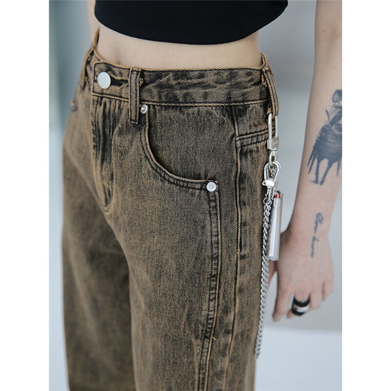 Ifomt Brown Summer Womans Jeans High Waist Denim Trouser Baggy Streetwear Arc Design Ladies Vintage Wide Leg Straight Loose Jean Pants