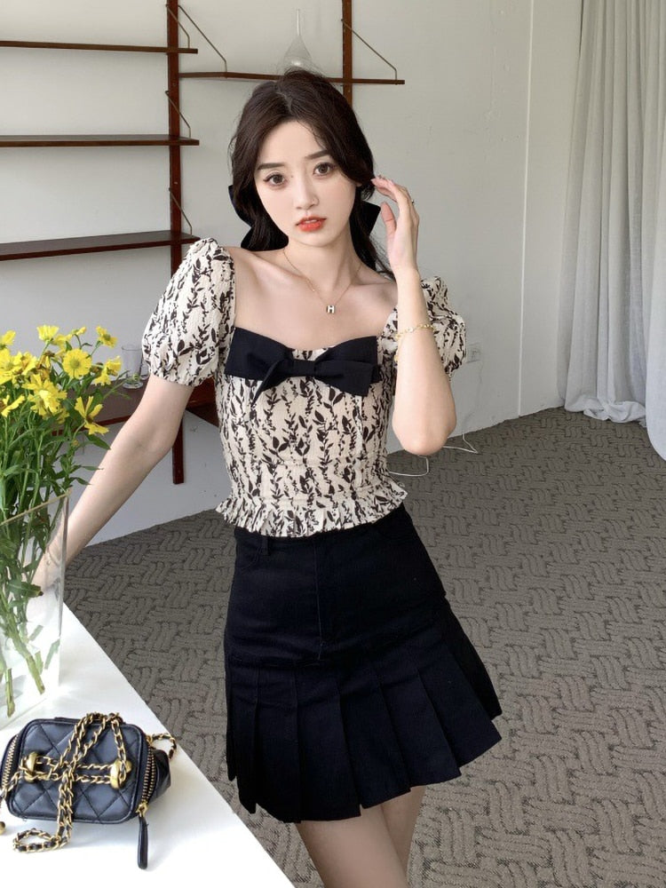 Ifomt 2023 Summer French Vintage Floral Blouse Women Short Sleeve Square Collar Y2k Crop Tops Female Korean Clothing Corset Shirts