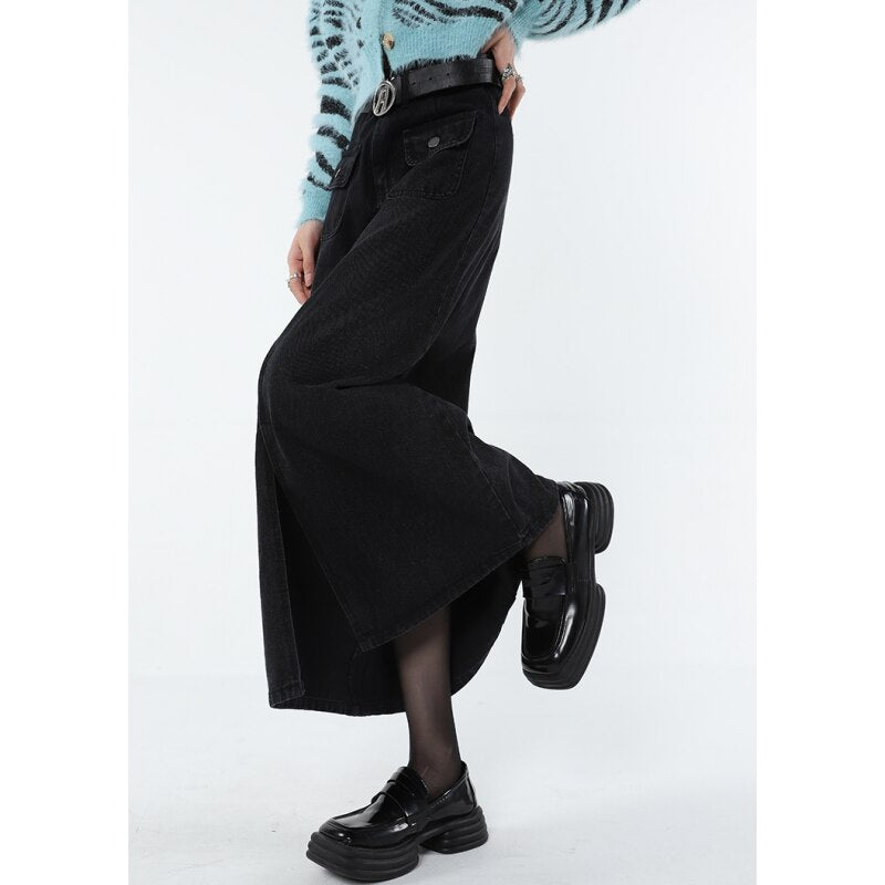 Ifomt Women Black Denim Half Body Skirt Split Fork High Waist Casual Korean Fashion Mid Length Bottoms Baggy Vintage Female Long Skirt