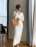 Fashion Women knitted Long Sleeve Sweater Maxi Korean Dress Lady's V-neck Elegant Slim long Casual White Y2K Dresses Clothing