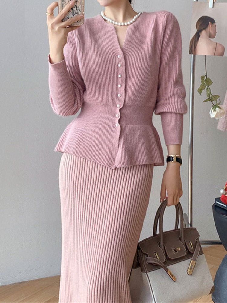 Ifomt Elegant Skirt Sets Women 2 Piece Outfit 2023 Autumn Winter Solid Long Sleeves Knitted Sweater Skirt Set Korea Fall Outfits 2023